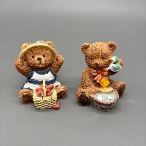 Vintage Teddy Bear Figurines 1993 Resin Country Cottage Decor 2" Grannycore